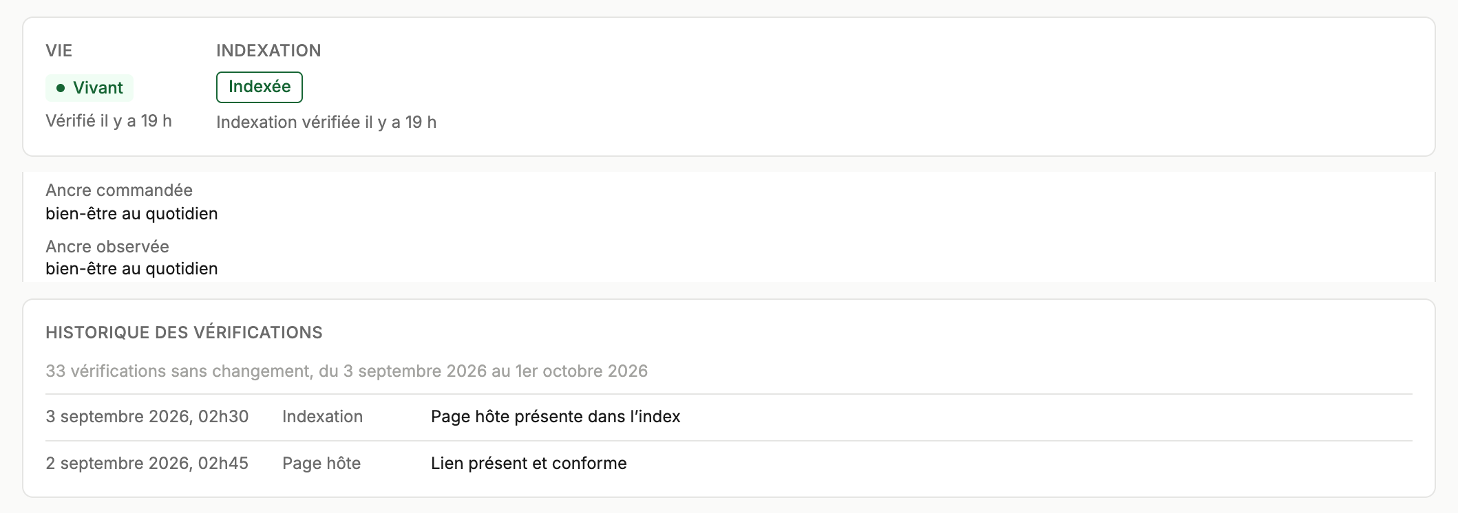 Fiche d'un lien dans Olen : ancre commandée et ancre relevée, états datés, historique des vérifications.